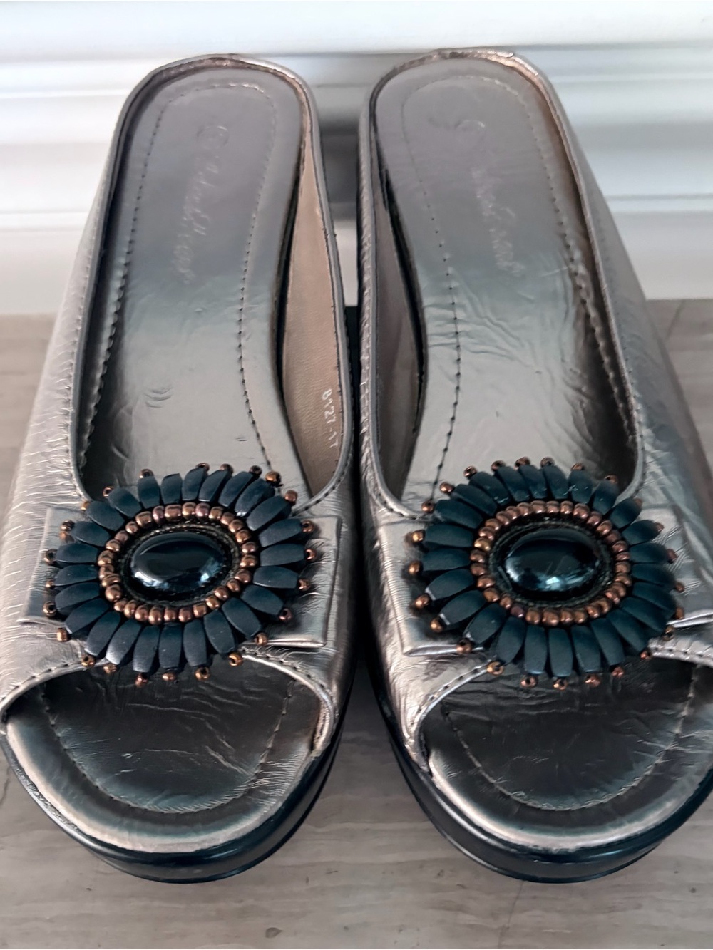 Helen’s Heart Metallic Bronze, Open-Toe Slide Sandals with Jewel Accent.